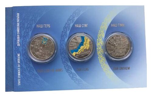 Набор монет в буклете Mine Государственные символы Украины 5 гривен 2022 г 35 мм 3 шт Разноцветный (hub_5sogyo), фото 1