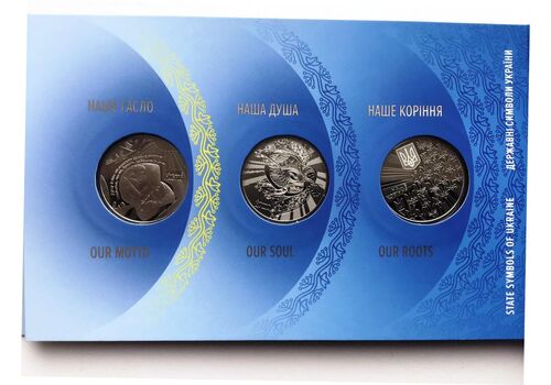 Набор монет в буклете Mine Государственные символы Украины 5 гривен 2022 г 35 мм 3 шт Разноцветный (hub_5sogyo), фото 3